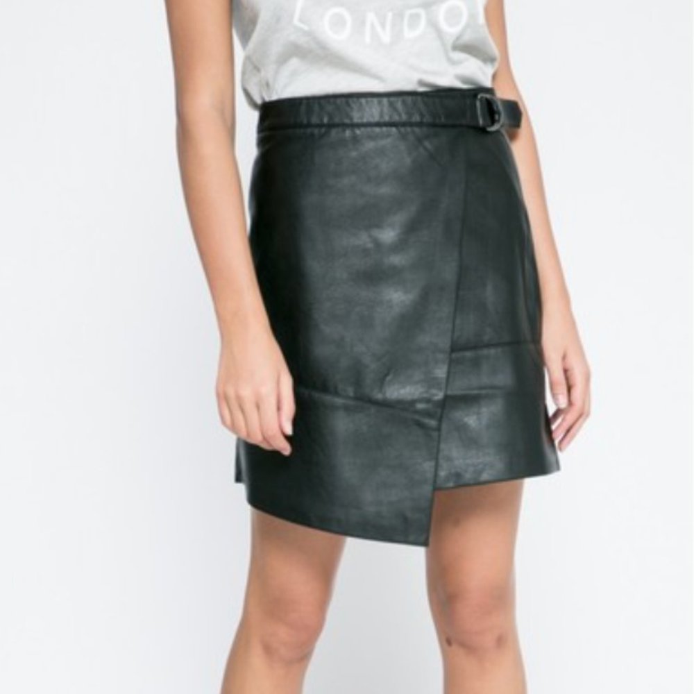 Tommy Hilfiger Asymmetrical Faux Leather Wrap Skirt | Size L Black